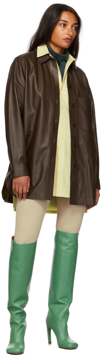 Women's Long Dark Brown Sheepskin Leather Shirt with Classic Fit