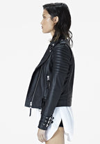 Women's Black Moto Cafe Racer Leather Jacket