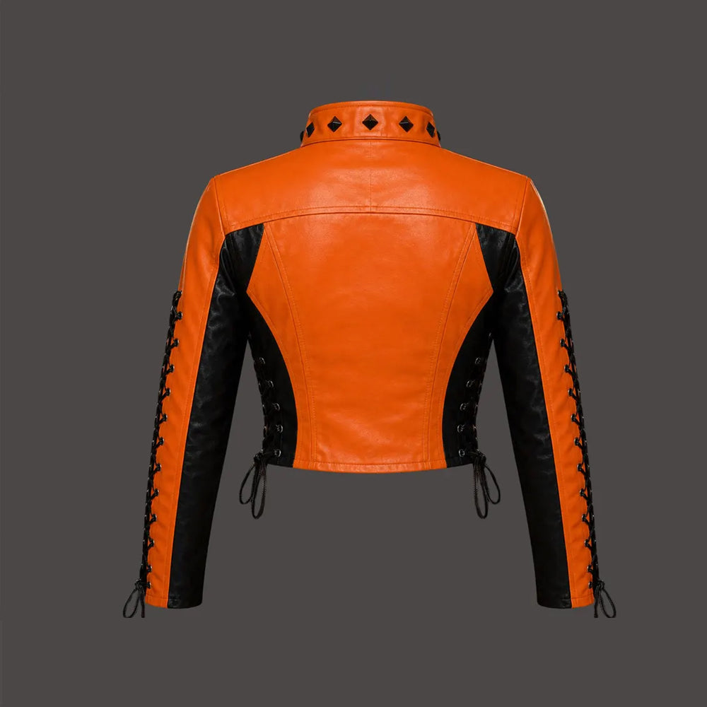 Lantern-Laced Women’s Orange Pumpkin Leather Moto Jacket