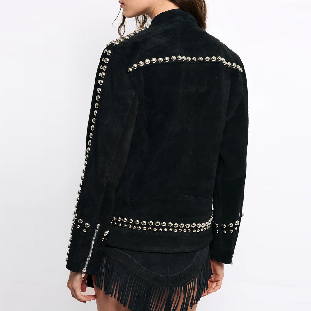 Premium Women’s Black Suede Studded Looker Jacket | Oversized Racer Leather Coat