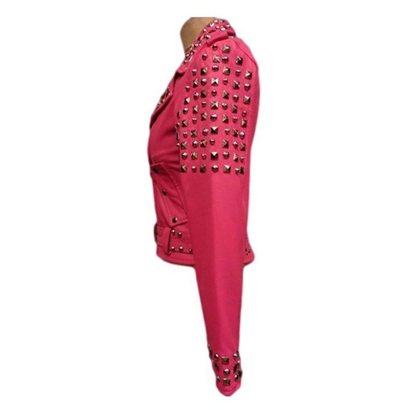 Women’s Pink Silver Studded Motorcycle Leather Jacket