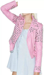 Women’s Pink Spikes Leather Jacket Brando Studded Punk Rock Motorcycle Ladies Jacket