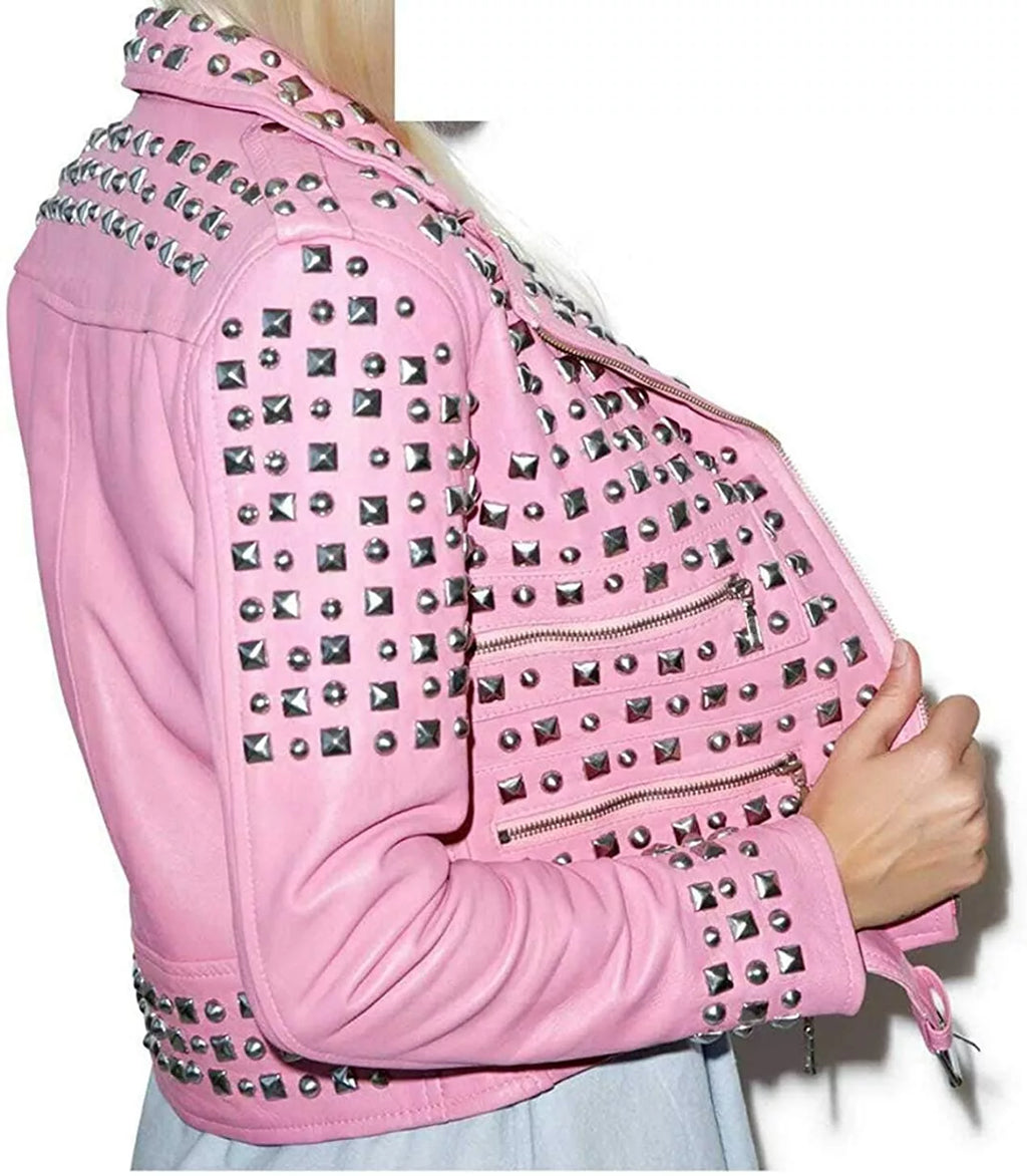 Women’s Pink Spikes Leather Jacket Brando Studded Punk Rock Motorcycle Ladies Jacket