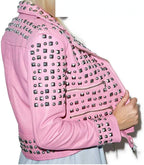 Women’s Pink Spikes Leather Jacket Brando Studded Punk Rock Motorcycle Ladies Jacket