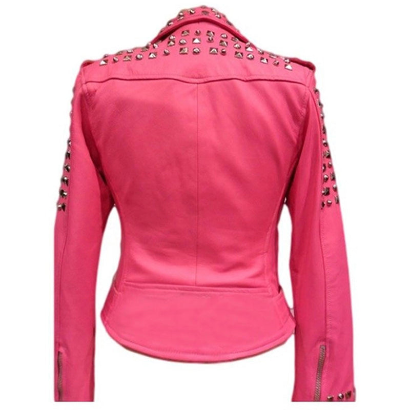 Women’s Pink Silver Studded Motorcycle Leather Jacket