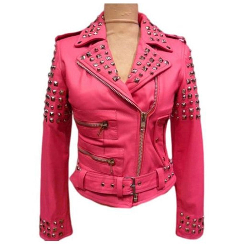 Women’s Pink Silver Studded Motorcycle Leather Jacket