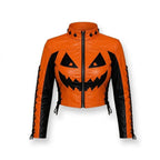 Lantern-Laced Women’s Orange Pumpkin Leather Moto Jacket