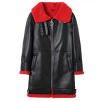 Women's Red Fur Sheepskin Leather Coat with Black Trim