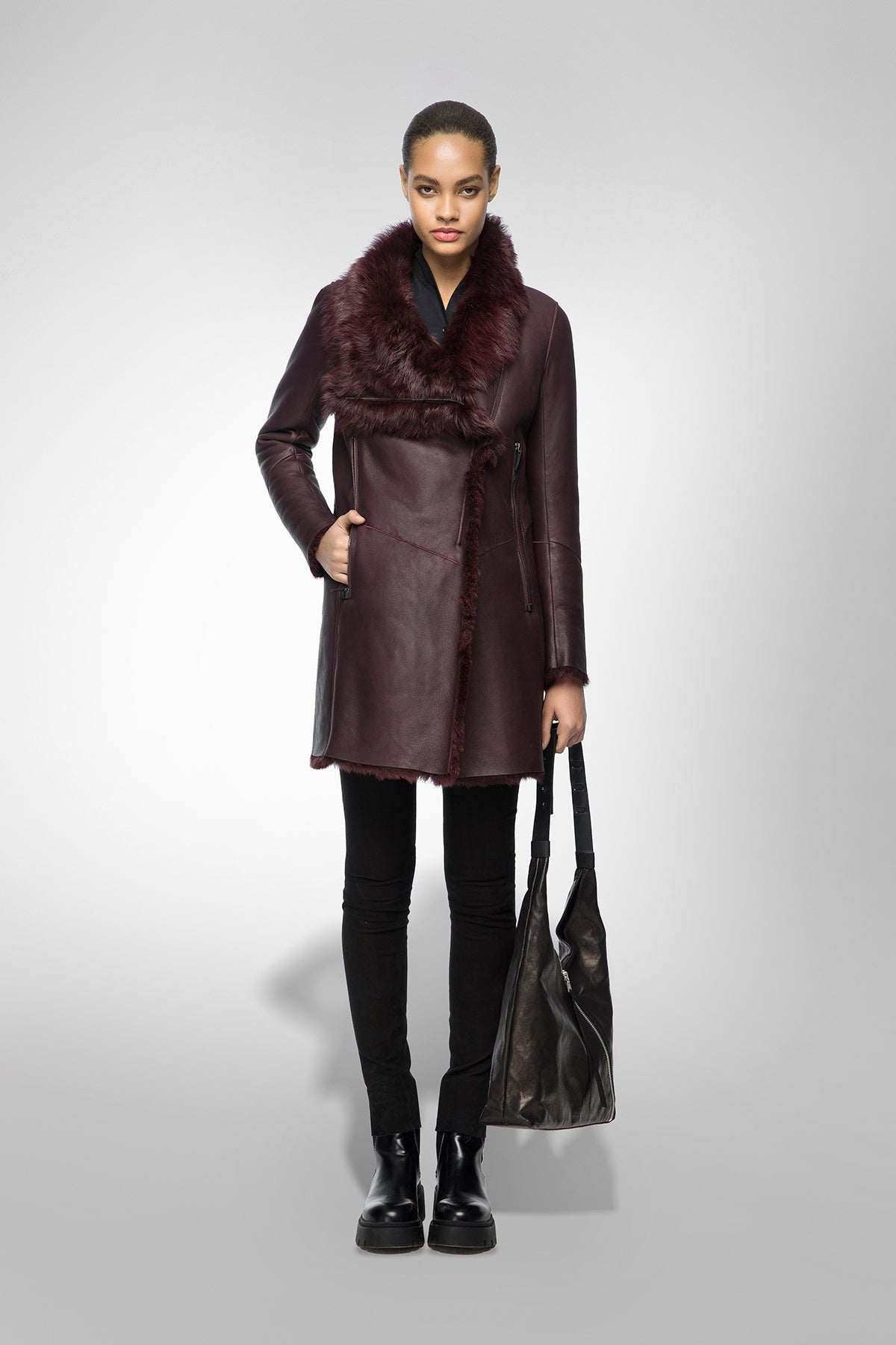 Women's Coffee Brown Shearling Fur Leather Coat