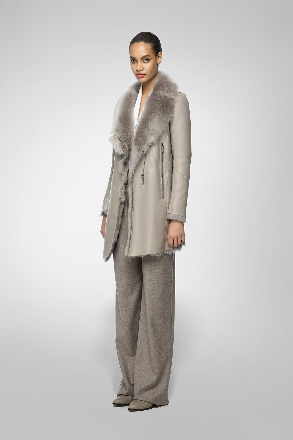 Women's Light Gray Shearling Fur Leather Coat