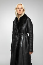 Women's Black Shearling Leather Trench Coat