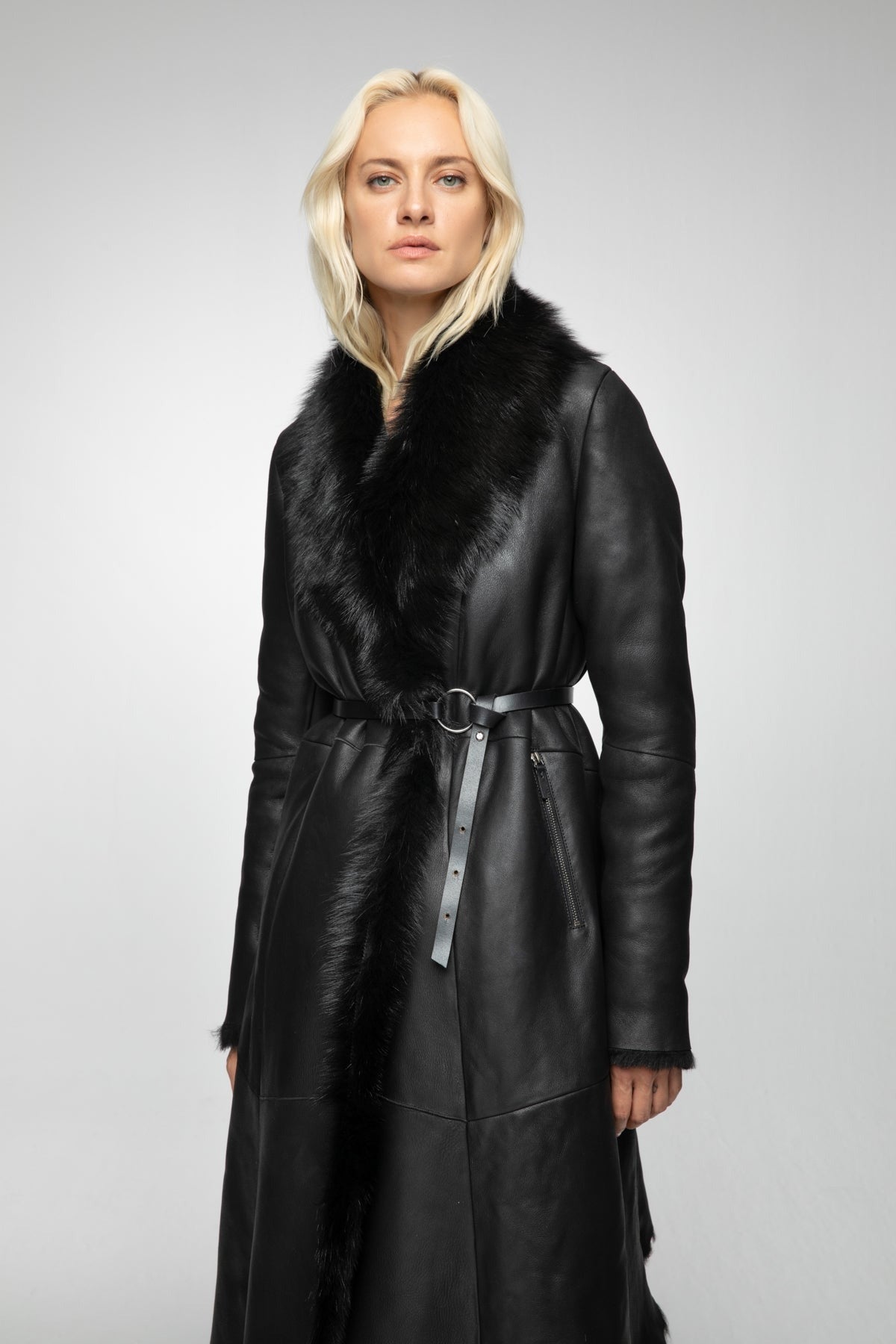 Women's Black Shearling Leather Trench Coat