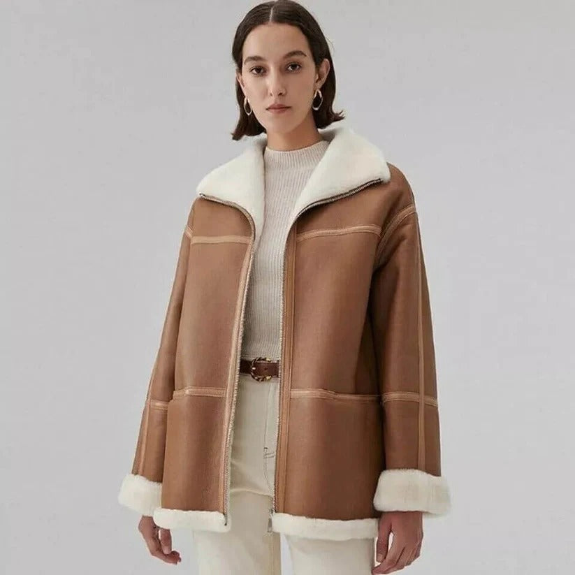 Women's Genuine Sheepskin Aviator Shearling Jacket Brown Leather Bomber