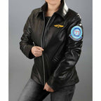 Women's Black Real Sheepskin Kelly Flight Leather Jacket with Embroidered Patches