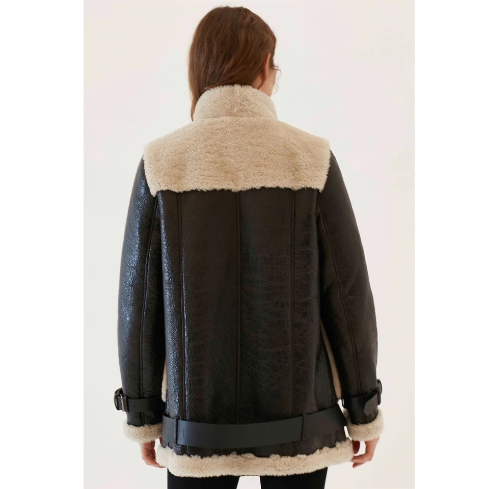 Women's Dark Brown Sheepskin Fur Leather Coat