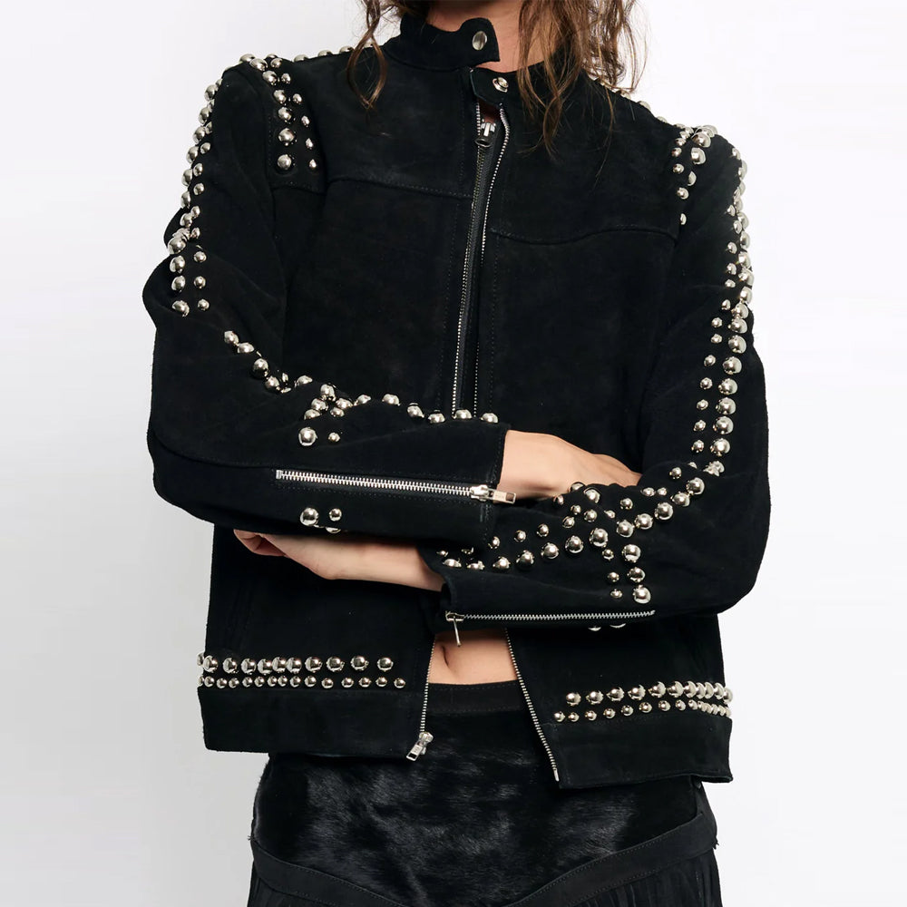 Premium Women’s Black Suede Studded Looker Jacket | Oversized Racer Leather Coat