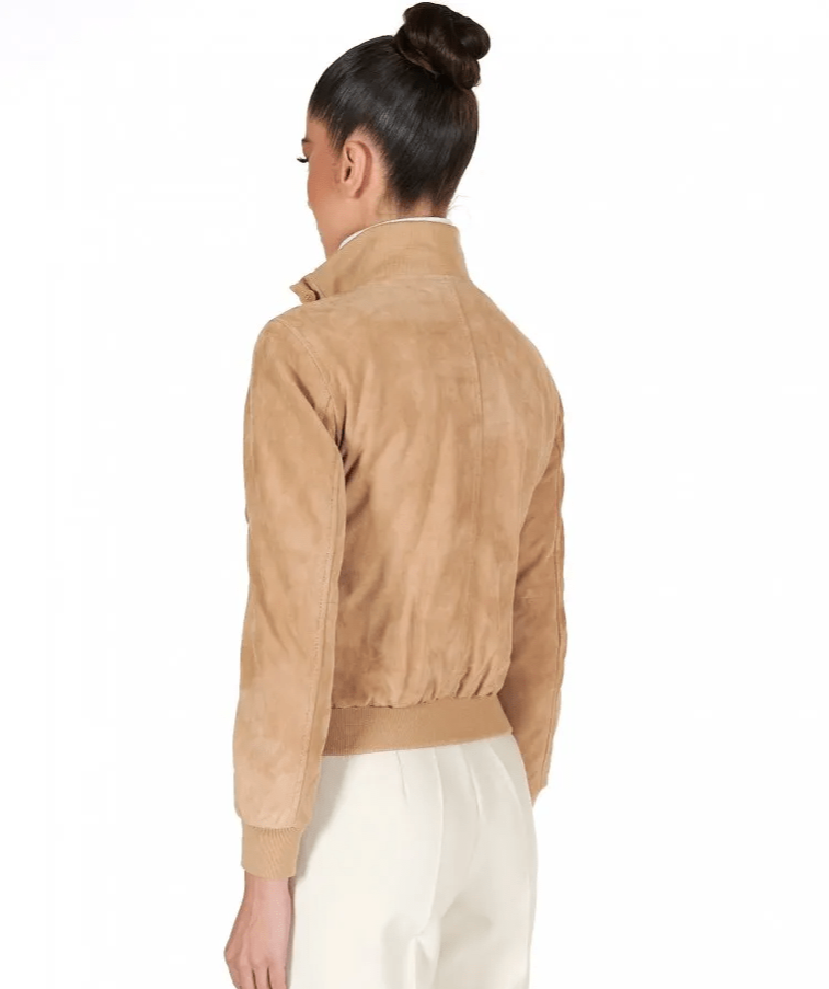 Women's Tan Brown Suede Trucker Bomber Leather Jacket