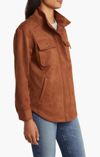 Women's Brown Suede Trucker Leather Shirt with Classic Fit