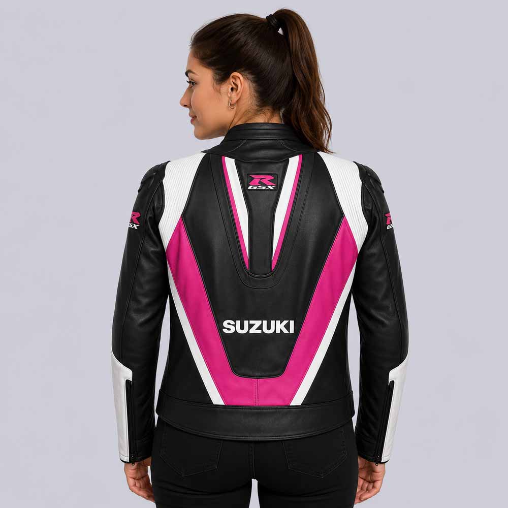 Suzuki GSXR Women's Pink Black Genuine Cowhide Leather Racing Jacket with CE Armor