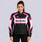 Suzuki GSXR Women's Pink Black Genuine Cowhide Leather Racing Jacket with CE Armor