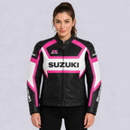 Suzuki GSXR Women's Pink Black Genuine Cowhide Leather Racing Jacket with CE Armor