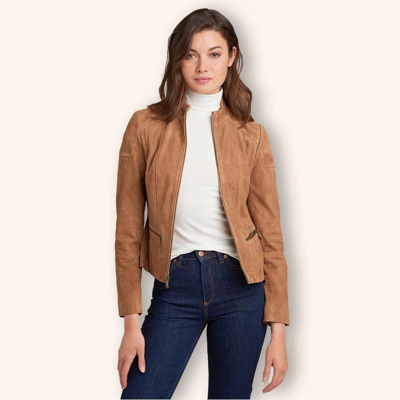 Women's Tan Brown Suede Leather Biker Jacket