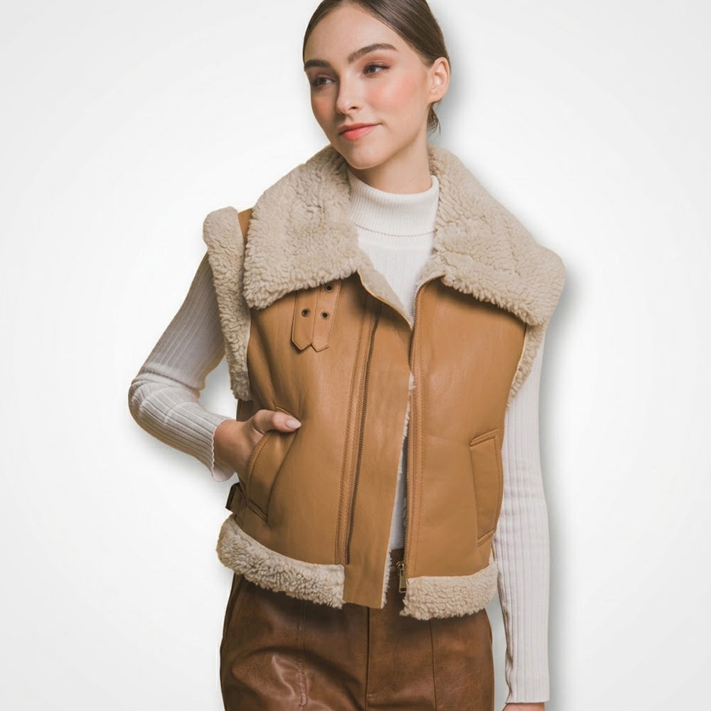 Women's Tan Shearling Leather Aviator Vest