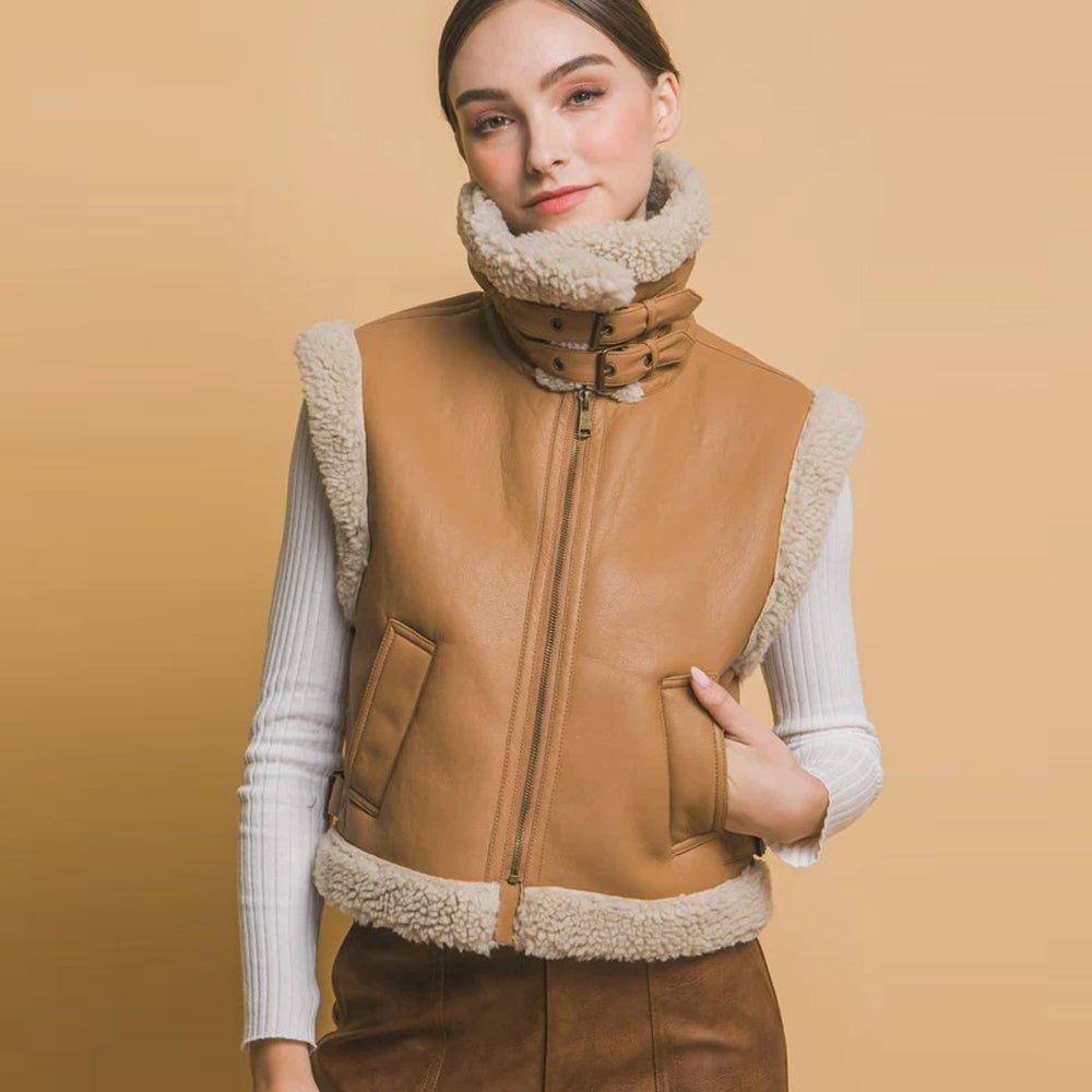 Women's Tan Shearling Leather Aviator Vest