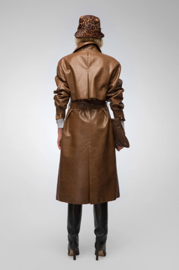 Women's Dark Brown Leather Trench Coat with Belted Waist