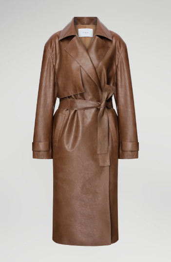 Women's Dark Brown Leather Trench Coat with Belted Waist