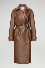Women's Dark Brown Leather Trench Coat with Belted Waist