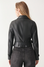 Women's Black Trucker Harrington Leather Jacket with Snap Closure