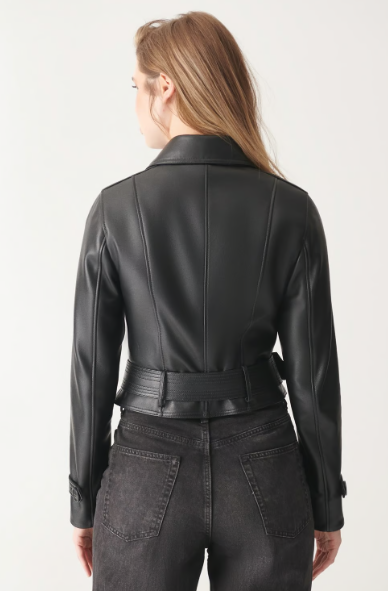 Women's Black Trucker Harrington Leather Jacket with Snap Closure