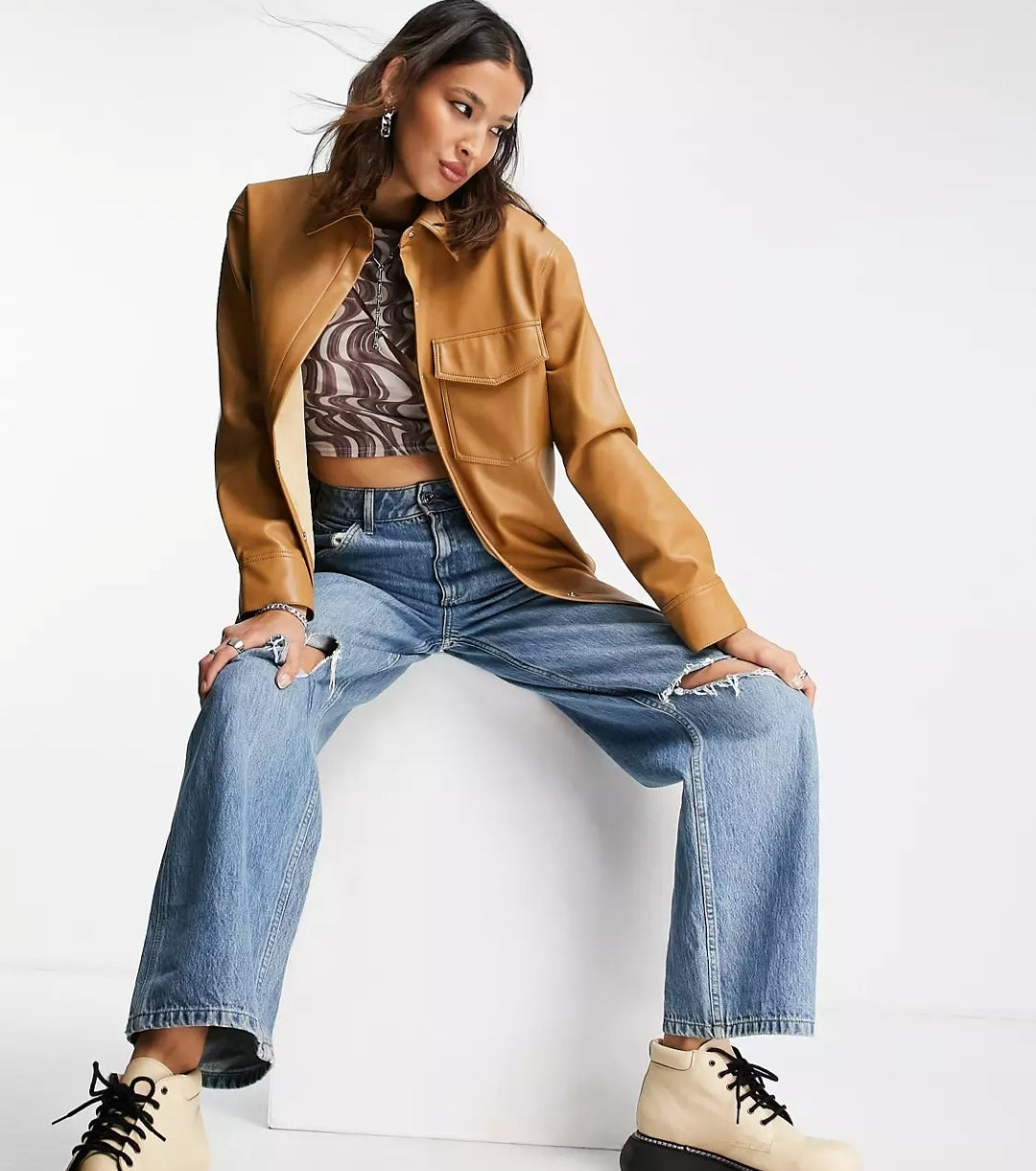 Women's Brown Trucker Leather Shirt with Classic Fit