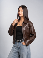 Unisex Brown Boxy Cropped Leather Jacket | Premium Gen-Z Streetwear - Streetbred