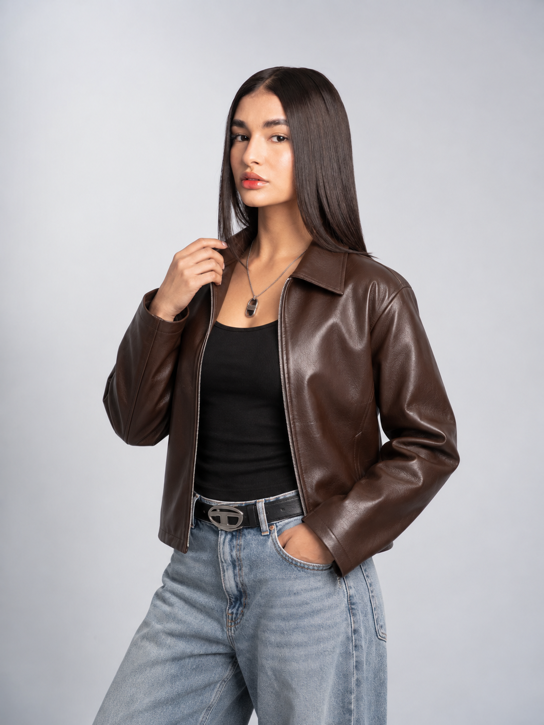 Unisex Brown Boxy Cropped Leather Jacket | Premium Gen-Z Streetwear - Streetbred
