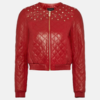 Women’s Wine Red Leather Studded Bomber Jacket