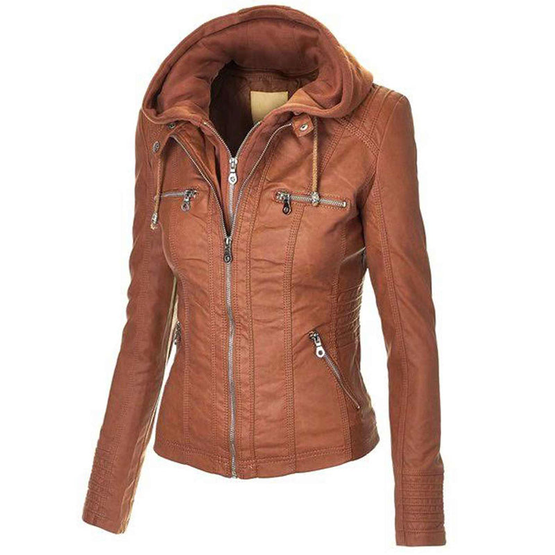 Women’s Brown Faux Leather Zip Up Jacket with Hood