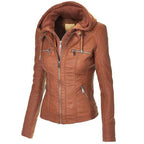Women’s Brown Faux Leather Zip Up Jacket with Hood