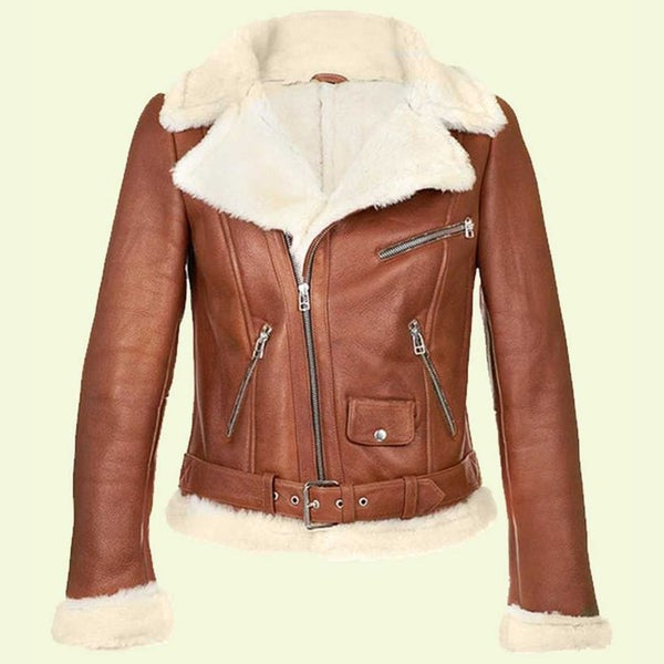 Women’s Brown Leather Jacket with White Shearling by Avanzar Leather