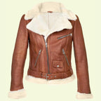 Women’s Brown Leather Jacket with White Shearling by Avanzar Leather