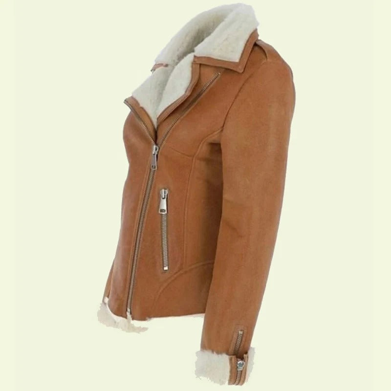 Women’s Camel Brown Aviator Jacket with Shearling – Avanzar Leather