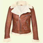 Women’s Brown Aviator Jacket with White Shearling – Avanzar Leather