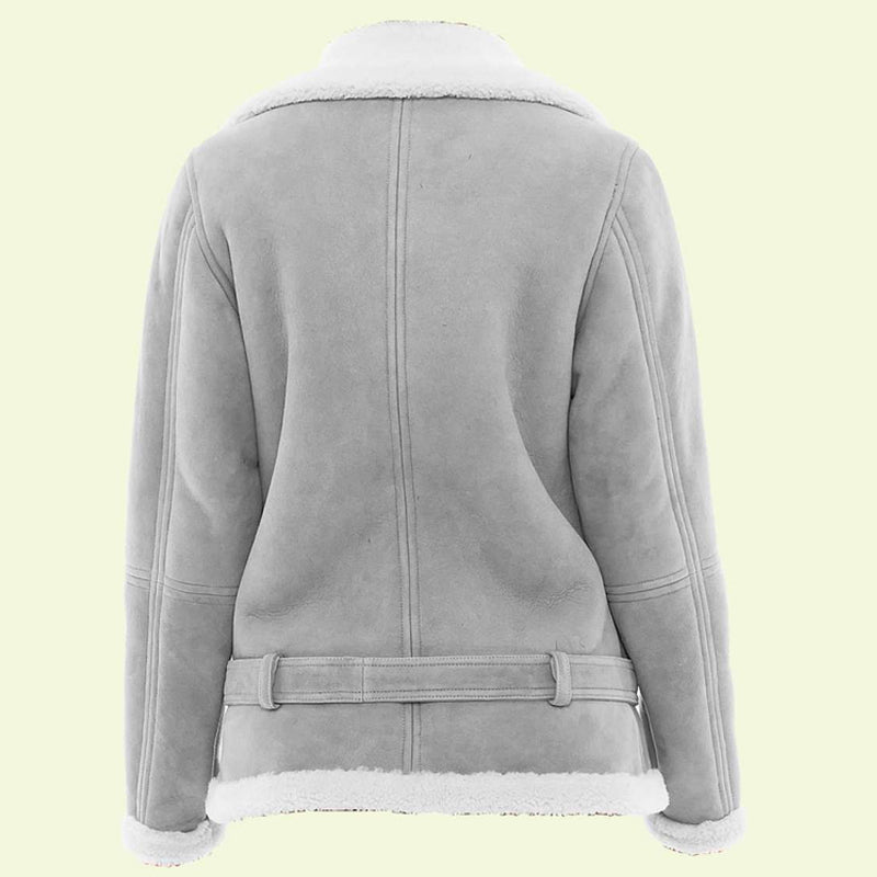 Women's Grey Leather White Shearling Jacket