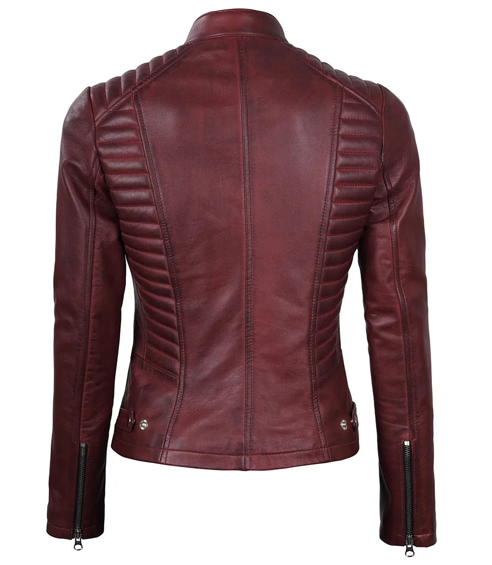 Avanzar Leather Women's Maroon Leather Cafe Racer Jacket with Padded Shoulders