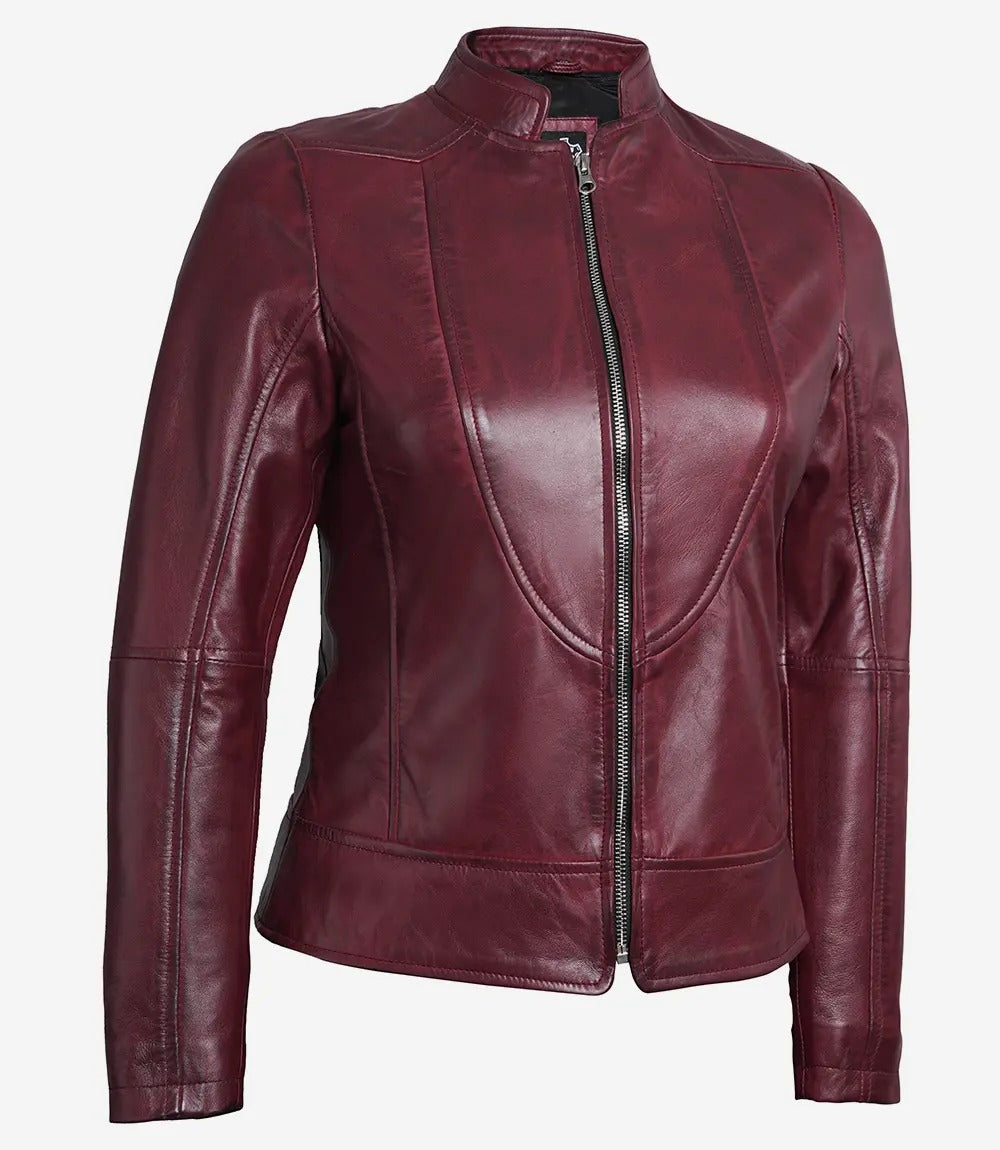 Women's Maroon Café Racer Leather Jacket Stylish & Slim Fit