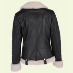 Women’s Black Biker Shearling Leather Jacket – White Fur Lining