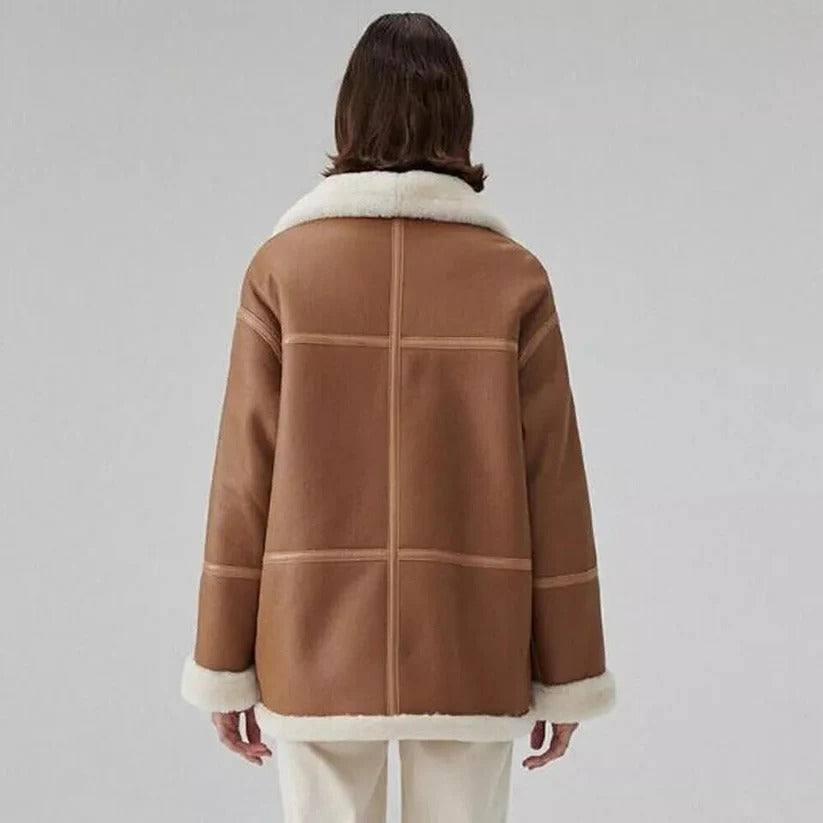 Women's Genuine Sheepskin Aviator Shearling Jacket Brown Leather Bomber