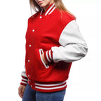 Womens Scarlet Wool Body & Bright White Leather Sleeves Letterman Jacket