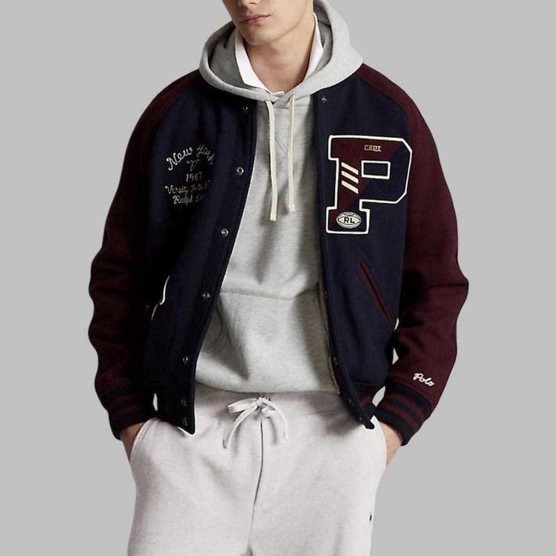 Mens Navy Burgundy Letterman Varsity Jacket